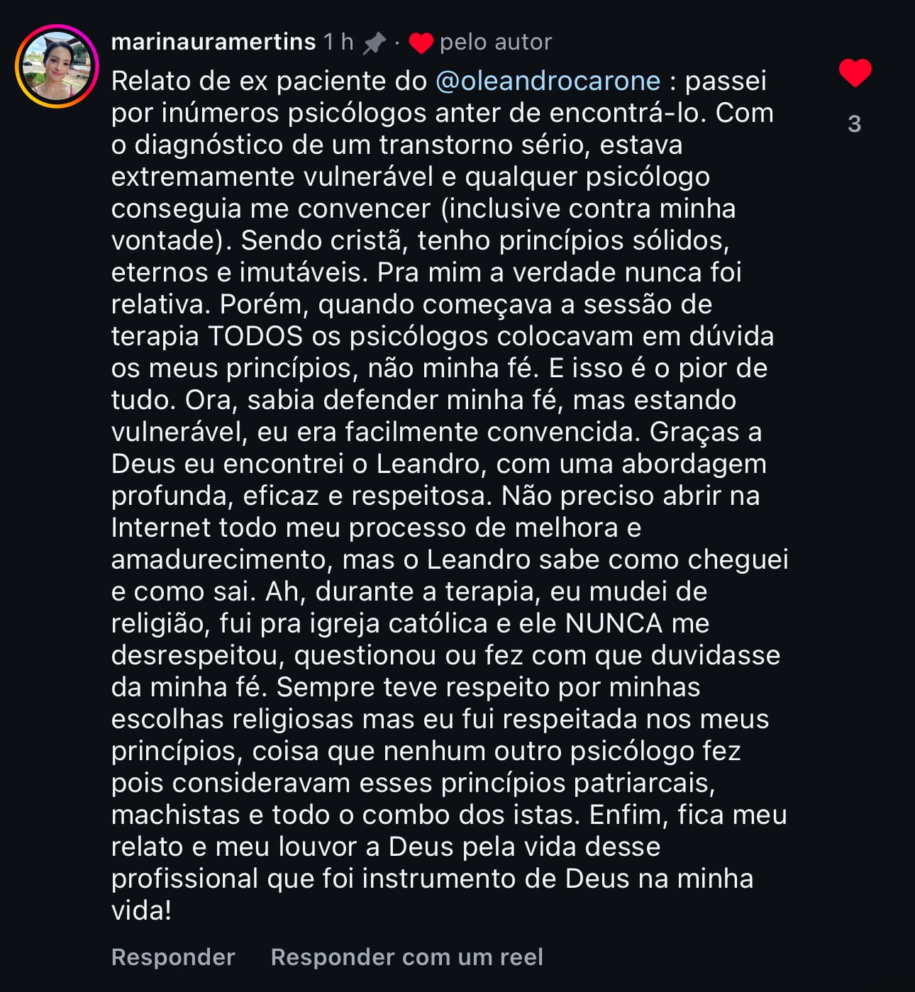 Depoimento 2 de paciente da Clínica Cedro